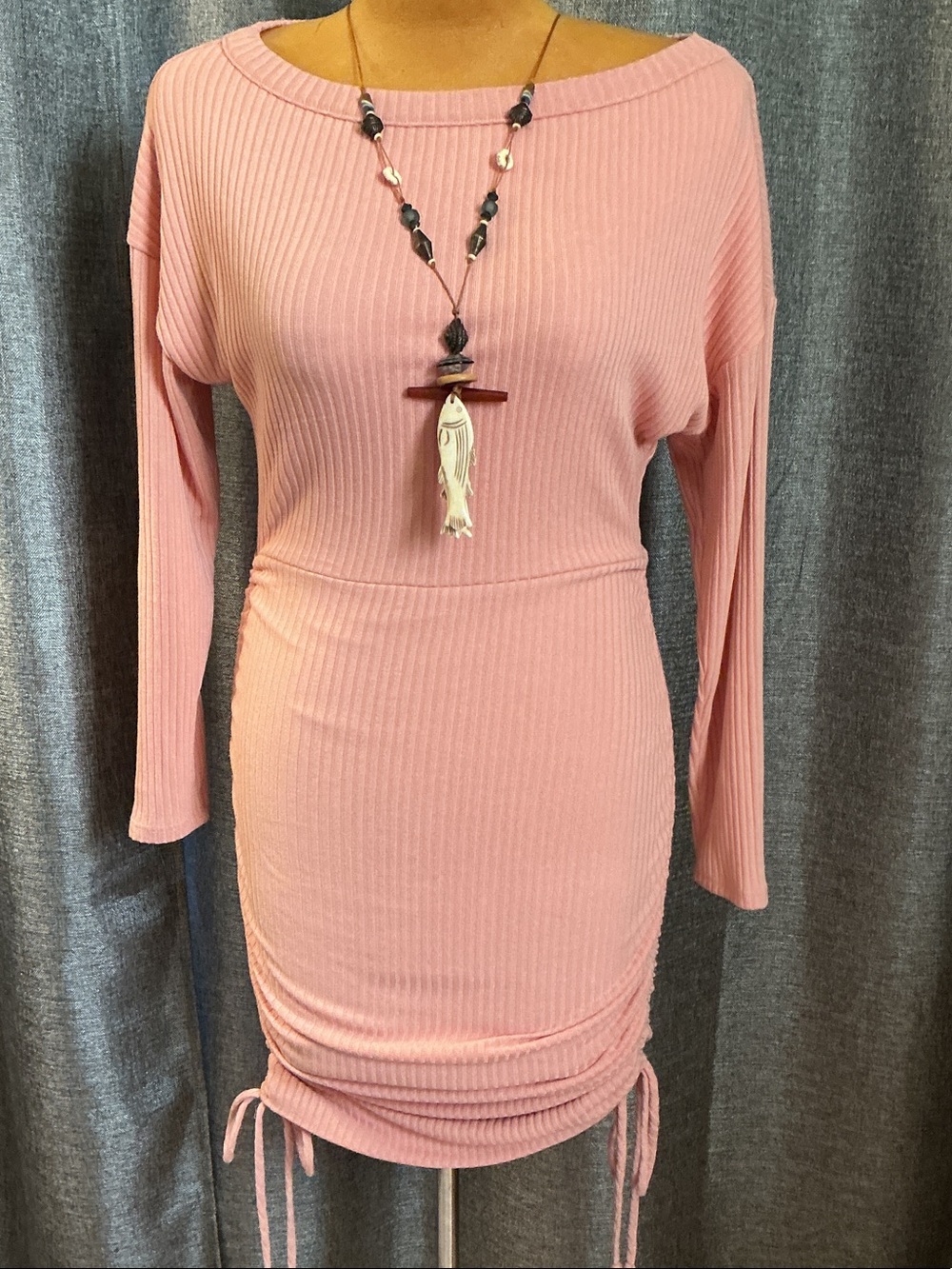 Fashion Nova Ribbed Boatneck Long Sleeve Mini Dress - Dusty Pink